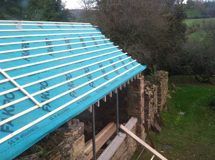 Damp course covered in laths, ready for slates to go on.